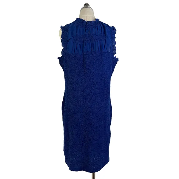 By Anthropologie Mock-Neck Textured Smocked Stretch Dress Blue Mini - Image 9