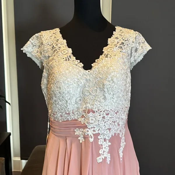 Women’s Ivory Lace Top Pink Chiffon V-Neck Cap Sleeves Formal Dress Size 10 NEW - Image 2