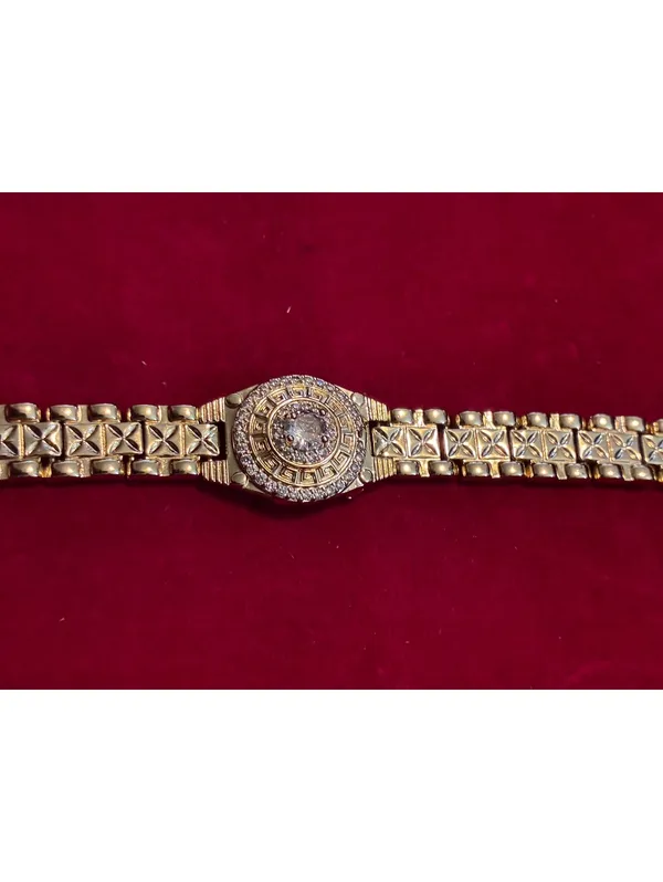 Gold-Tone Greek Key Medallion Link Bracelet – CZ Halo Accent, 0.5" Wide Band 7”L - Image 5
