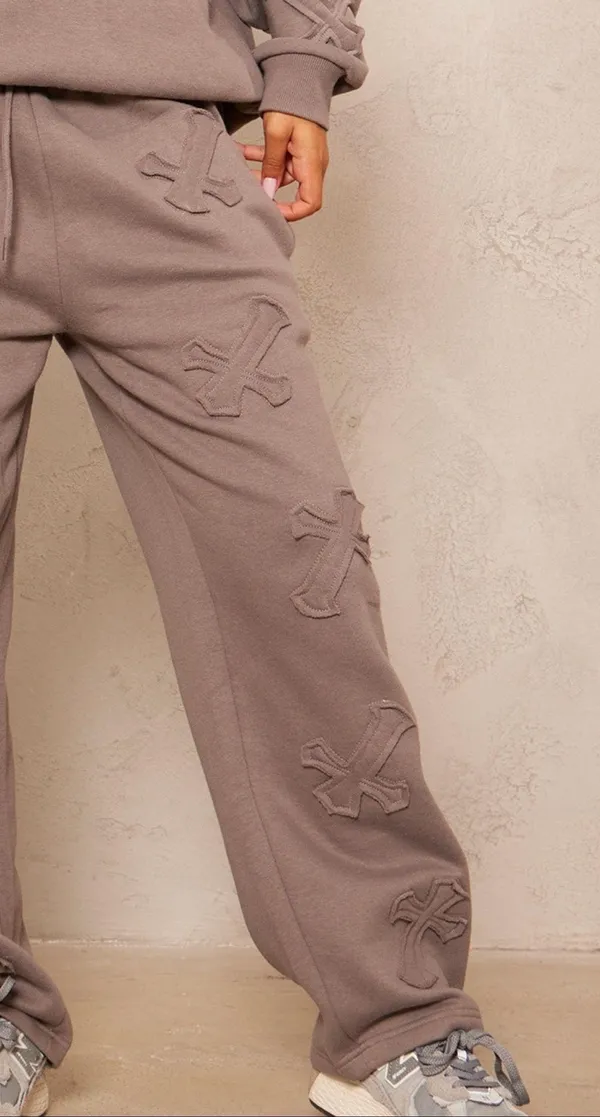 Pretty Little Thing petite charcoal cross appliqué embroidered sweatpants - Image 2