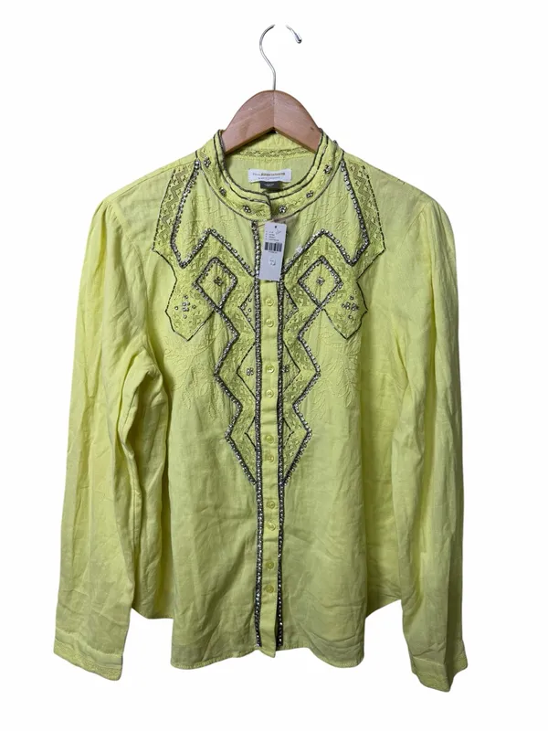 New Pilcro Anthropologie Nayeli Beaded Buttondown Top Chartreuse Size Large - Image 2