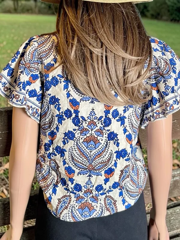 Max Studio Boho Paisley Tie Front Blouse M Blue Cream Coastal Top Anthro-Style - Image 8
