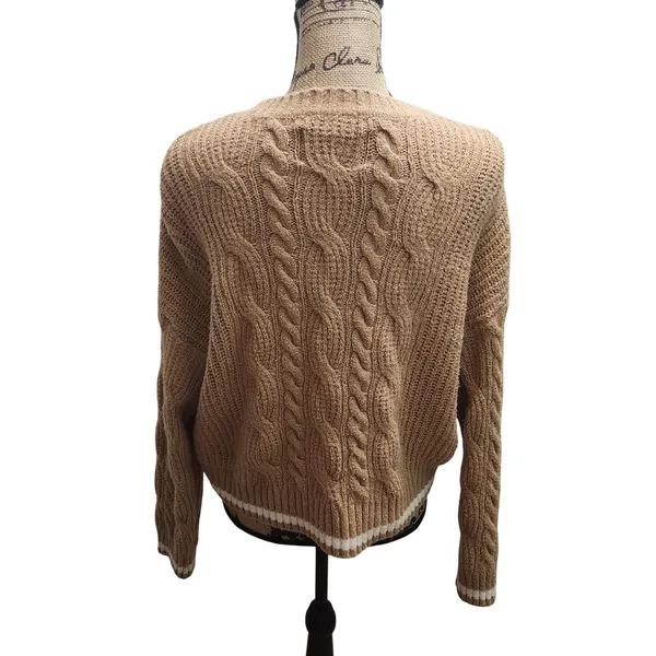 American Eagle Womens Sweater Cable Knit Crewneck Tan Cream Striped M‎ - Image 2