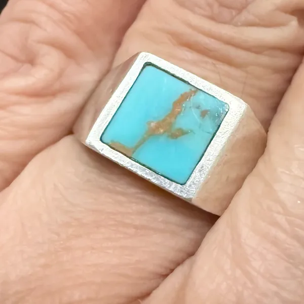 Vintage Sterling Silver Turquoise Inlay Signet Ring Size 7 - Image 7