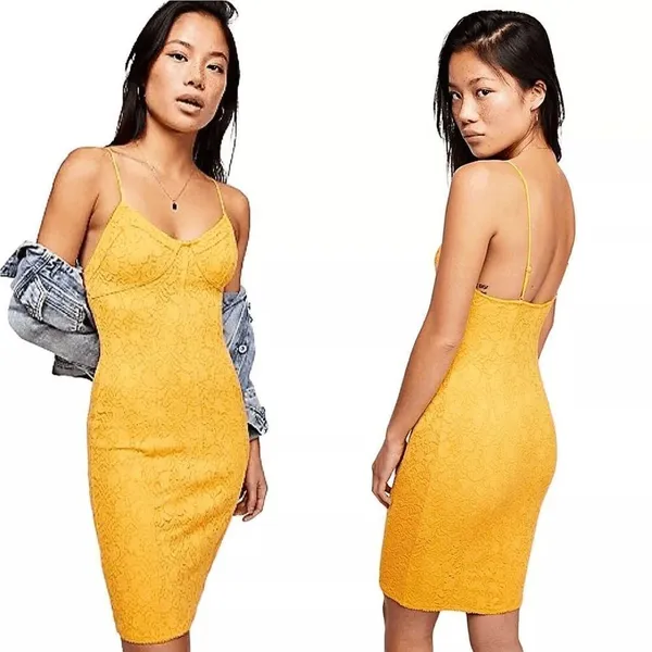 Free People Light Me Up Golden Yellow Floral Lace Slip Bodycon Dress Large - Image 2
