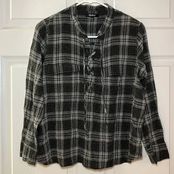 Madewell‎ Women’s Owens Plaid Terrace Lace-Up Shirt Size Medium - Image 4