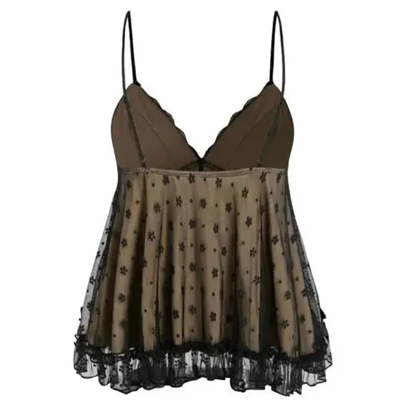 Cider NWT Sexy Floral Lace V Neck Ruffle Cami Stretch Top Adjustable Strap M Black Tan - Image 13