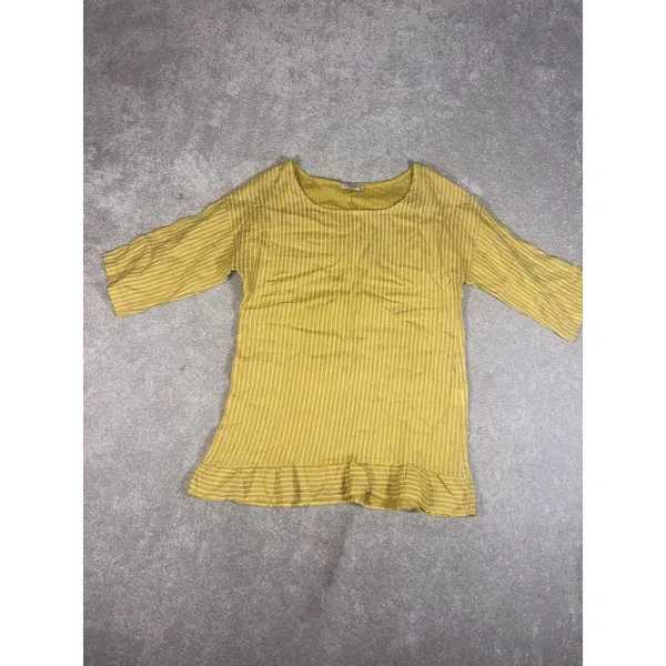 Lungo L'Arno‎ Striped Yellow 100% Linen Tunic Top Ruffle Trim 3/4 Sleeve Small - Image 5