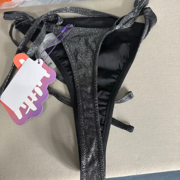 Fabletics Yitty Swim Luxe Side Tie Thong, Black/Silver Shimmer, XXL/1X - Image 2