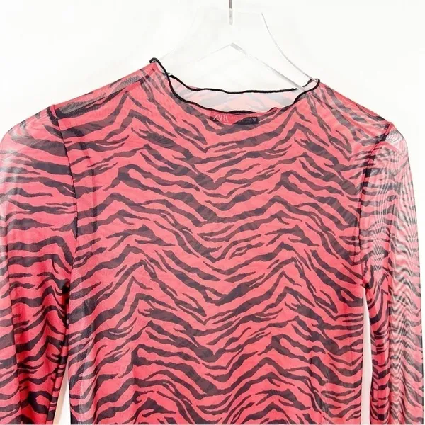 NEW Zara Sheer Animal Print‎ Mesh Top Women's S Red Long Sleeve Y2K - Image 4