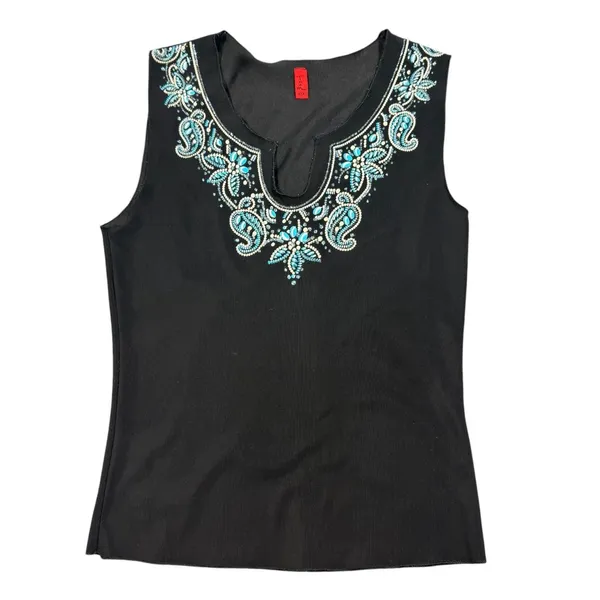 Team Athletics Beaded Paisley Tank Top Womens Medium Black Turquoise Sleeveless Split Neck - Image 9
