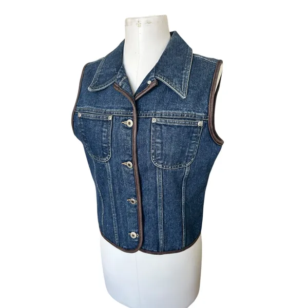 Vintage 90s Liz Claiborne Blue Denim Vest Leather Trimmed M Grunge Preppy Boho - Image 9