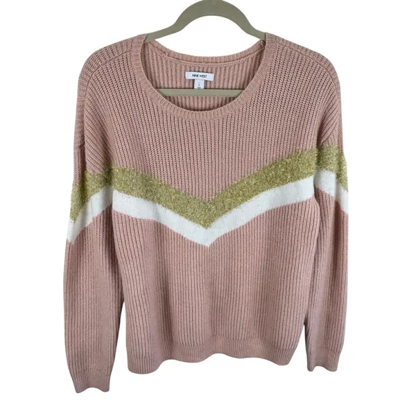 Nine West Womens Pink Ribbed Chevron Sweater Gold Metallic Stripe Cozy Size L - Image 2