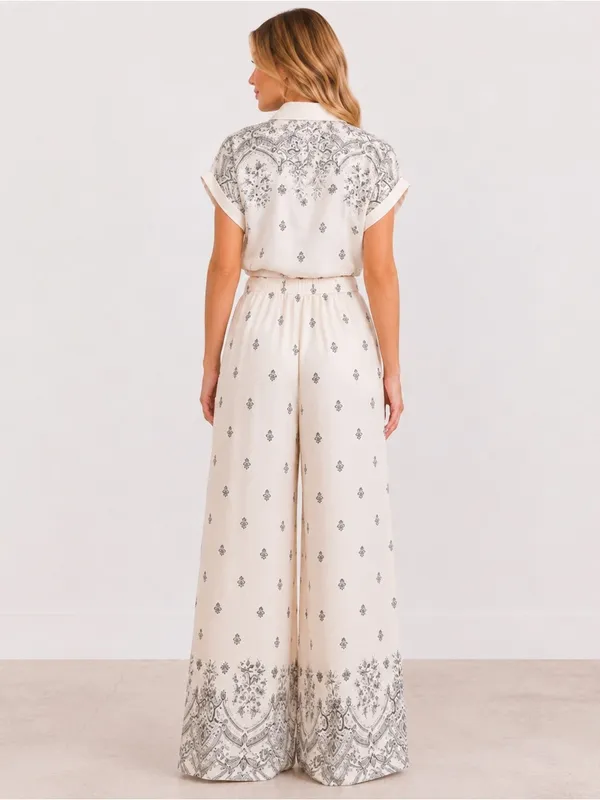 Cream Printed Wide-Leg Two-Piece Pant Set Small - Image 2