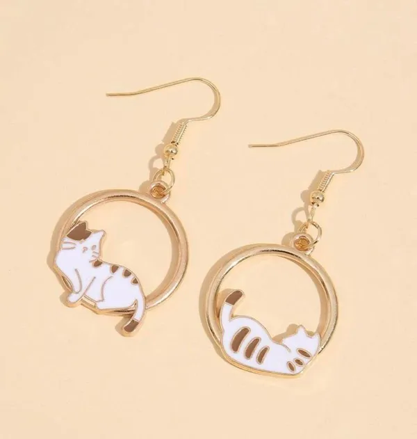 NEW Cat dangle drop hoop earrings, white and gold cat earrings, cat jewelry, cat lover gift - Image 3