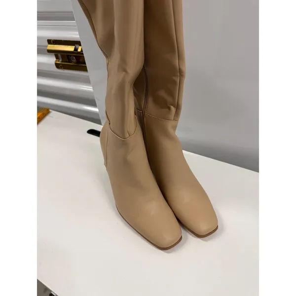 Nude Beige Faux Leather Square Toe Knee High Block Heel Boots Size 40 - Image 5