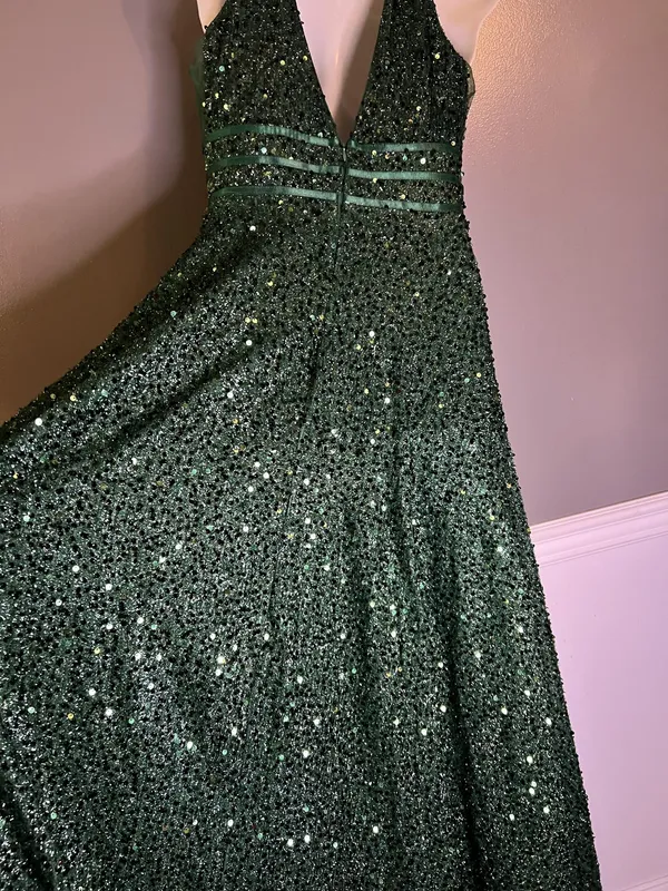 FAERIESTY Dress Womens Medium Green Sequin V-Neck Fit & Flare Maxi Formal Gown - Image 13