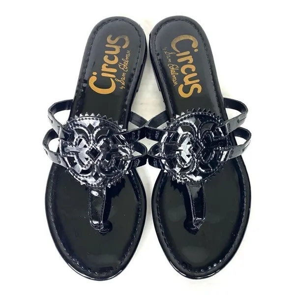 Sam Edelman Circus Canyon Shiny Black Patent Leather Emblem Flip Flop Sandals 7 - Image 2