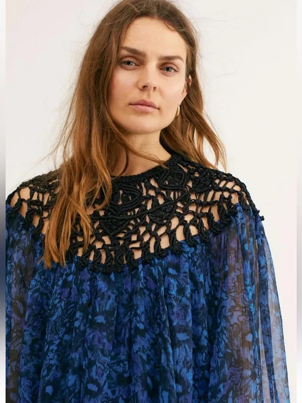 Free People Faded Daisy Frock Dress Tunic XS Blue Black Boho Bell Sleeve - Image 9