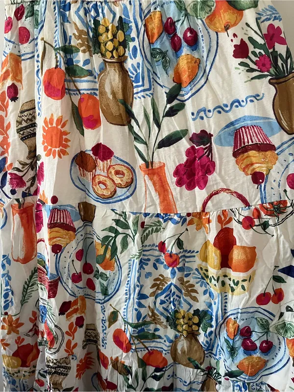 White Red Fruit Novelty Print Smocked Tiered Midi Dress Large Mediterranean - Image 4
