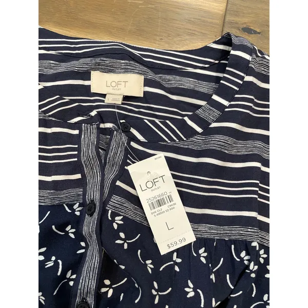 LOFT Outlet L NWT Navy Stripe Floral Shirt Dress Tie Waist - Image 6