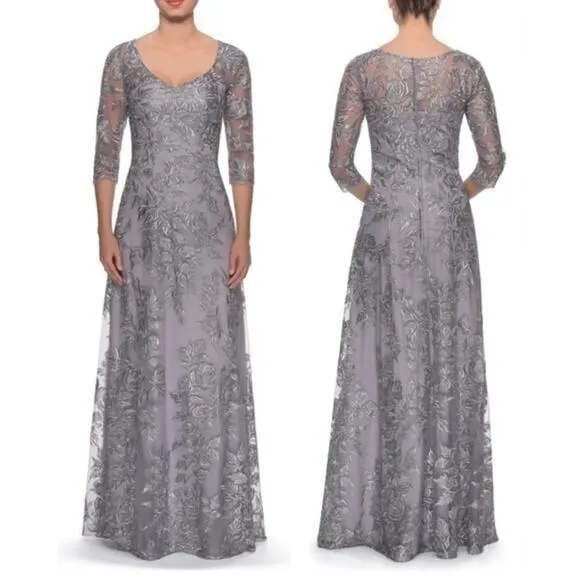 La‎ Femme Silver Embroidered Mesh A-Line Formal Gown Size 6 NWT Mother of Bride - Image 2