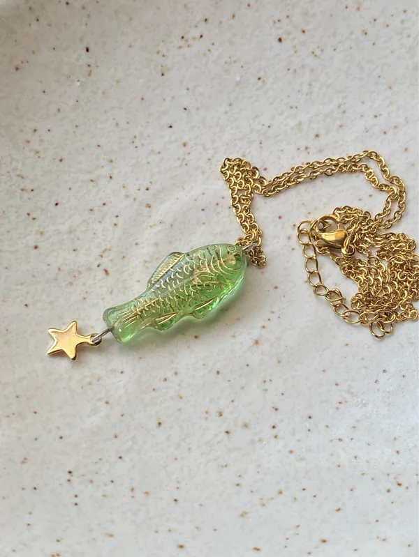 Handmade quality Czech glass green fish & star boho funky fairy necklace🌀🐟💚 - Image 7