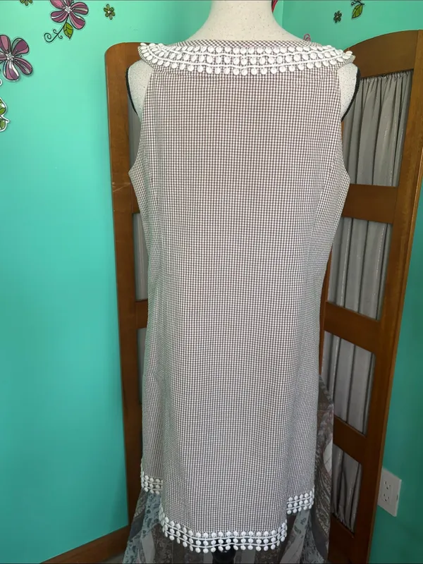 Tibi light brown & White Gingham Midi Dress with Crochet Trim - Image 8