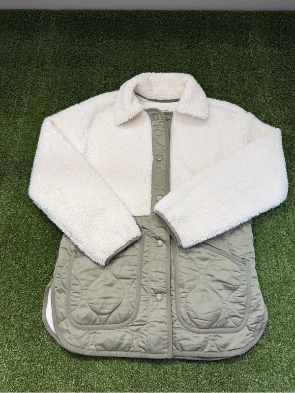 Abercrombie & Fitch Sherpa Quilted Jacket‎ Button Down Olive Green Teddy S - Image 2