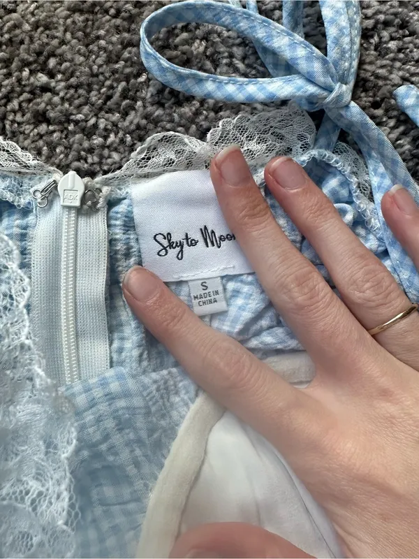 Light Blue Gingham Mini Dress with Lace Trim - Image 6