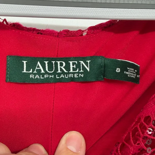 Lauren Ralph‎ Lauren Red Lace Sequin Midi Dress 8 Cocktail Party - Image 4