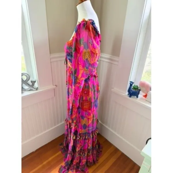 Farm Rio Sweet Forest Tiered Maxi Dress in Vibrant Pink Tropical Print Small - Image 14