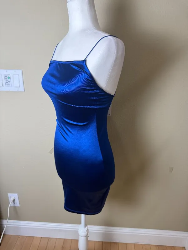H&M Divided Bright Blue Stretch Satin Bodycon Mini Dress Size XS New NWT - Image 2