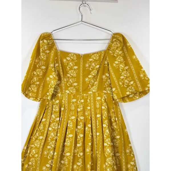 Mason's Daughter Mini Dress Yellow Emma Saffron Floral Square Puffed Boho Medium - Image 9