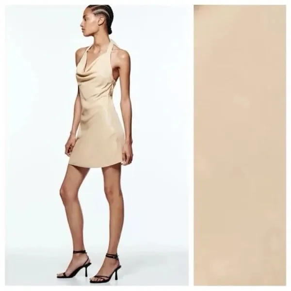 Zara Iridescent Satin Effect Mini Dress Draped Neck Open Back XS Gold Beige Y2K - Image 5
