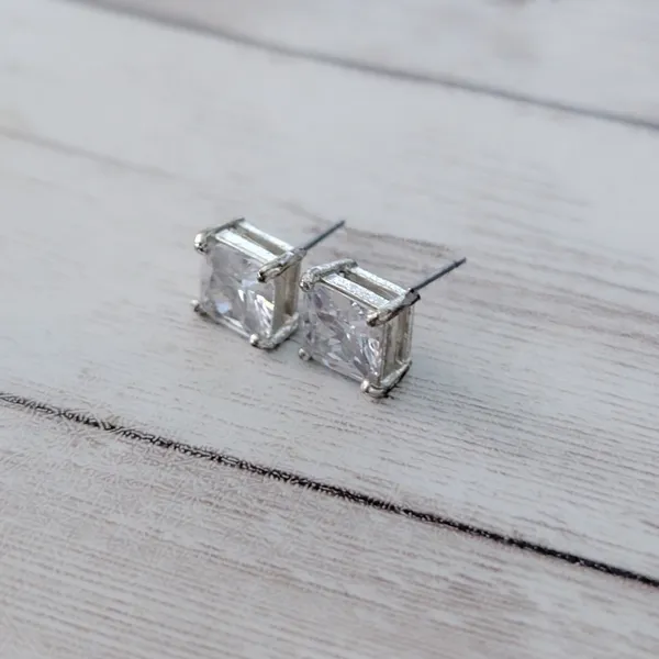 Vintage Stud Earrings Clear Square Gem 3/8" Silver - Image 3