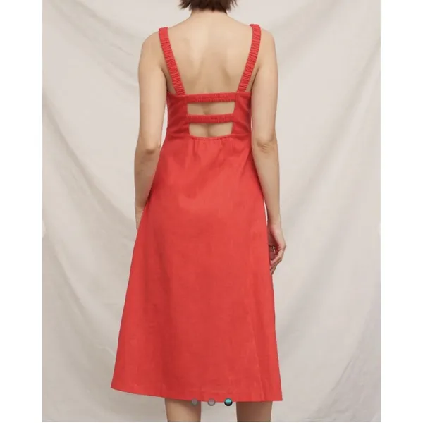 En Creme‎ Red Open Back Midi Dress Square Neck Ramie Cottagecore Boho Sz S - Image 4