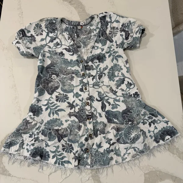 Anthropologie Pilcro Linen Blend Puff Sleeve Tunic Dress Womens Small White/Blue - Image 5