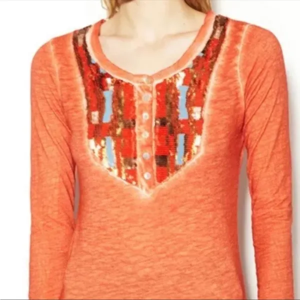 Free People Tiger Eyes Orange Sequin Bib Long Sleeve Henley - Image 3
