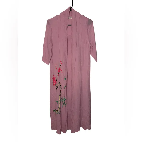 ✨ Pink Linen Kimono Duster Floral Tunic‎ Dress Boho Oversized M ✨ - Image 2