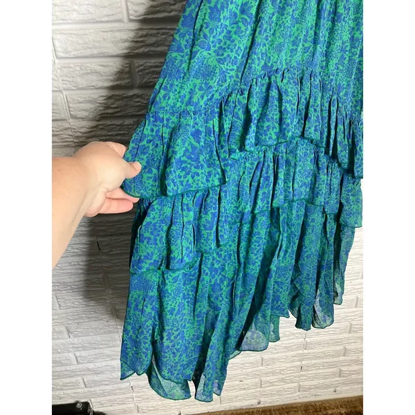 Anthropologie‎ green blue floral tiered maxi dress v-neck sleeveless women small - Image 4