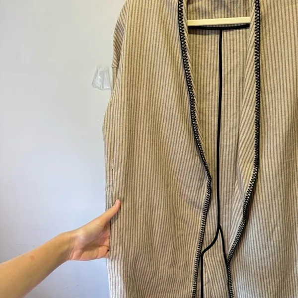 Zara Woman 100% Linen Striped Duster Coat Whipstitch Trim Beige XS Open‎ Front - Image 7