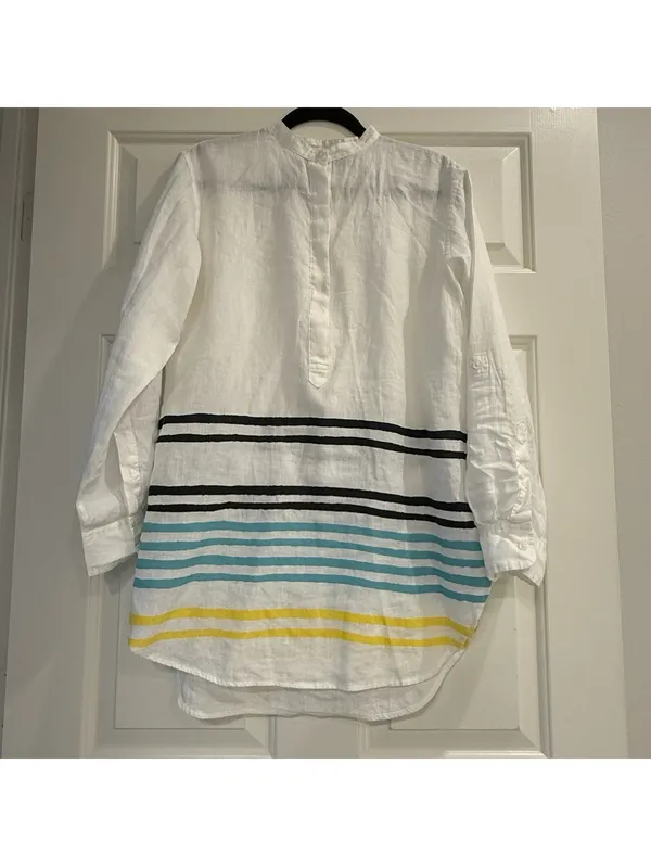 Lauren Ralph Lauren Linen Striped Henley Tunic Blouse White Nautical Sz M Medium - Image 14