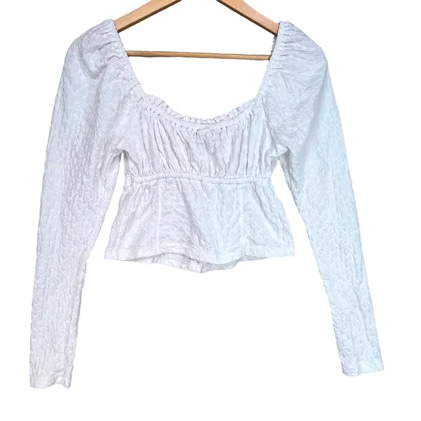 Free People White Textured Button Front Milkmaid Long Sleeve Cropped Top Small‎ - Image 2