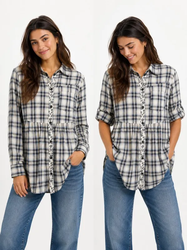 Free People Plaid Western Floral Accent Button Up Tunic Top Boho Preppy Size 12 - Image 2