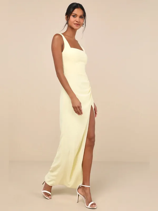 Lulus Glamorous Disposition Light Yellow Ruched Maxi Dress Size Small NWT - Image 3