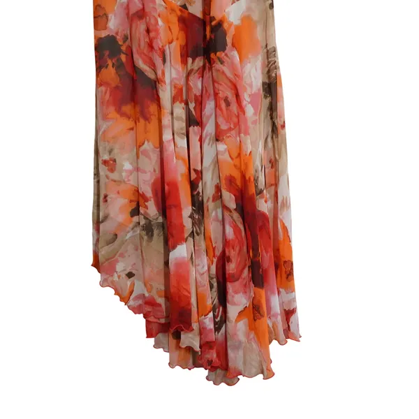 Y2K Floral Chiffon Maxi Dress Size 14 Orange Pink Watercolor Asymmetric Flowy - Image 4