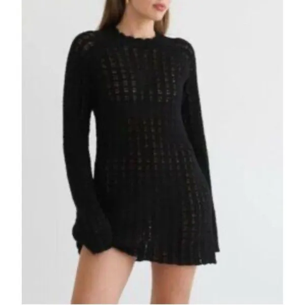 Anthropologie NWT Medium Rumored Black Beyond the Sea Fishnet Knit Mini Dress - Image 4
