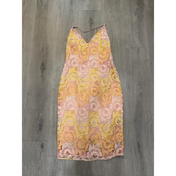 Topshop Floral Lace Midi Dress Pink Yellow Crochet Strappy Bodycon Size 6 - Image 6