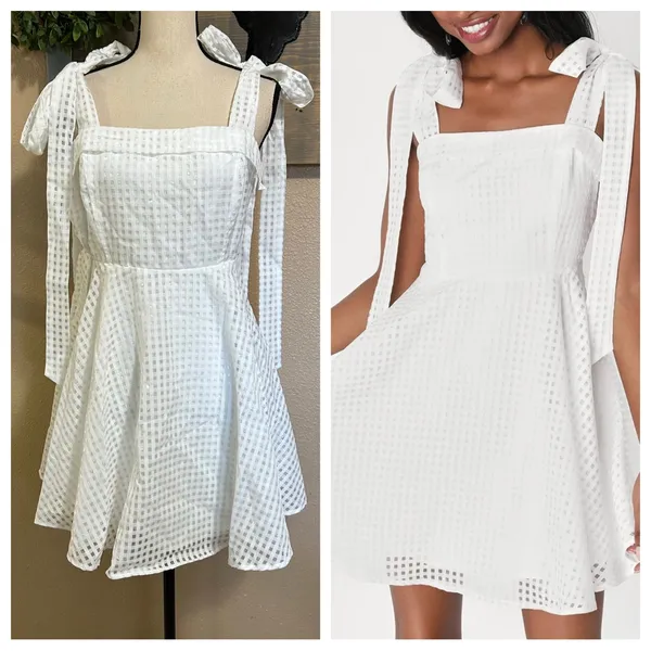 Lulus Forever Darling White Gingham Tie-Strap Mini Dress – Size Large– NWT - Image 2